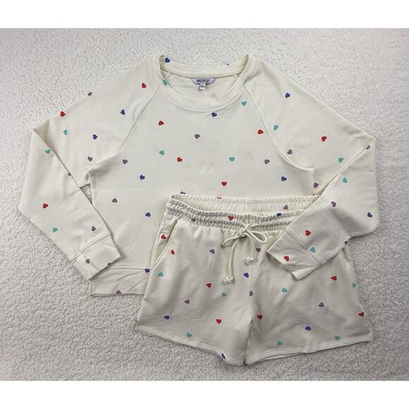 WildFox Hearts Print Short Lounge Set Women Small Longsleeve Sweatshirt Oatmeal - Picture 3 of 16